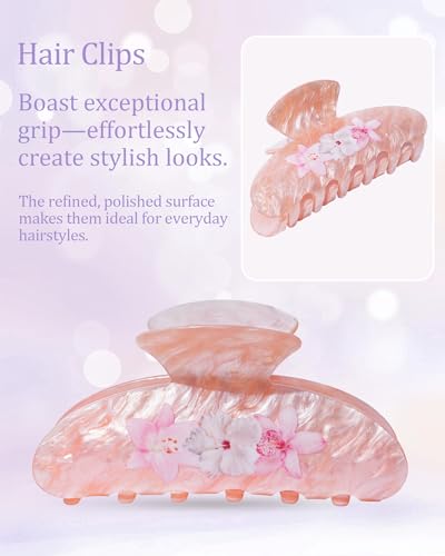 WELROG Floral Print Acrylic Hair Claw Clips - 3 Pack (Pink, Off-White, Purple) | 3.78" Stylish Hair Accessories for Thick Hair