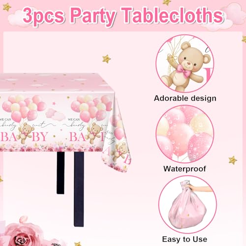 3 Pack Pink Bear Baby Shower Tablecloths – Waterproof & Disposable