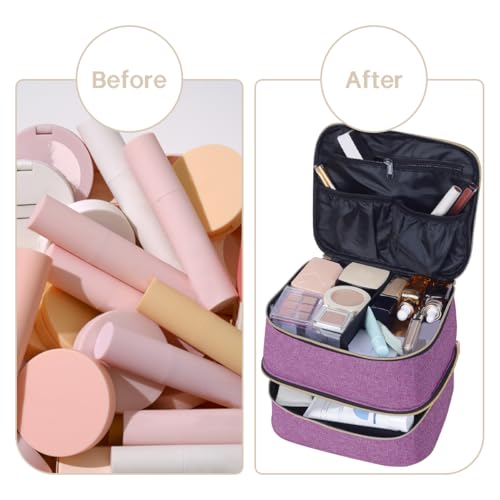 TANPADUAJI Double Layer Makeup Bag with Adjustable Dividers - Purple