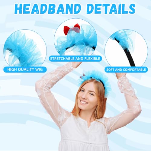 3 Pieces Blue Fuzzy Tulle Headband for Women, Soft Bow Costume Hair Accessory