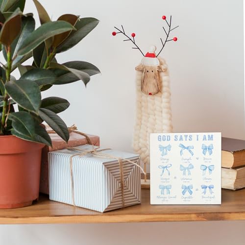 Blue Bow Christian Wooden Sign - Inspirational Decor 5x5