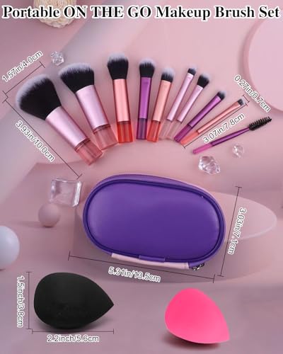Colorful Mini Travel Makeup Brush Set - 14 Pcs Portable Cosmetic Kit for Women & Kids