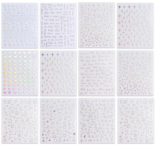 JMEOWIO 12 Sheets Self-Adhesive Aurora Nail Art Stickers
