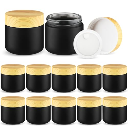 DMuuuDM Black Frosted Glass Cosmetic Jars 12 Pack, 2 Oz Refillable Containers for Creams & Ointments