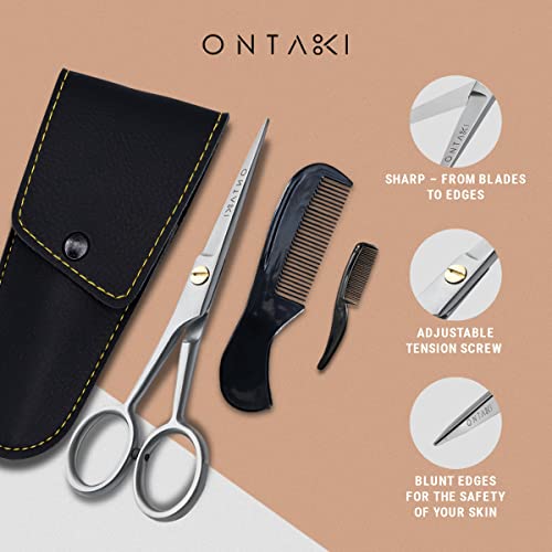 ONTAKI 410c German Steel Beard & Mustache Trimming Scissors with Silver Comb - 5"