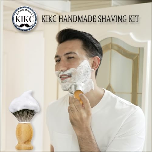 KIKC Hand Crafted Pure Badger Shaving Brush for Wet Shave, Comfortable Bamboo Handle, Soft Bristle, Best Gift for Bearded Man