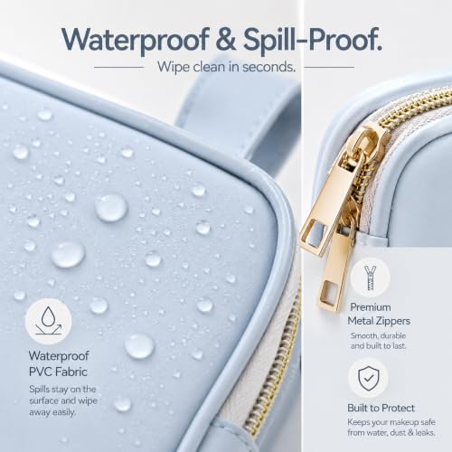 KUOSHI Blue Travel Makeup Bag with Open Flat Design & Waterproof Material