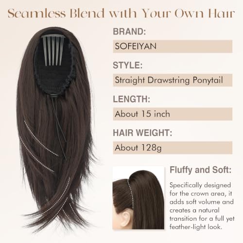 SOFEIYAN 20-Inch Straight Drawstring Ponytail Extension - Brown Mixed Blonde