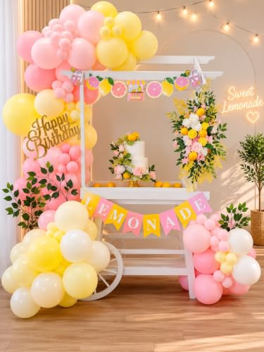 Lemon Balloon Garland Arch Kit - 142Pcs Pink & Yellow Balloons for Baby Shower & Birthday Party Decor