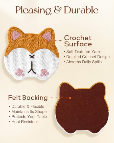 Slohif Corgi Crochet Coasters - Cute Drink Coasters for Home
