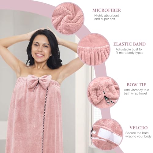 KOIKEY Pink Microfiber Bath Towel Wrap with Hair Towel