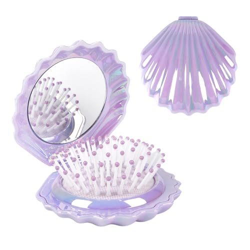 Purple Foldable Travel Hair Brush with Mirror - Compact Shell Design, Portable & Shiny Finish