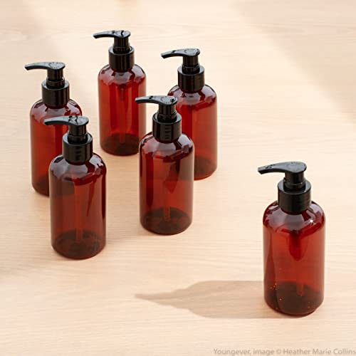 Youngever 12 Ounce Amber Plastic Pump Bottles - Refillable Dispensers for Lotions, Shampoos, Hand Sanitizer & More - 6 Pack