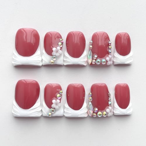 BRKYKGK Short Duck Press on Nails M - 10Pcs White Floral Acrylic
