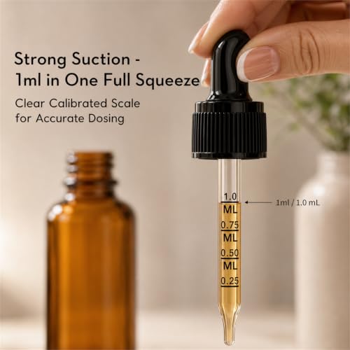 PrettyCare 12 Pack 1oz Amber Glass Dropper Bottles with Black Cap