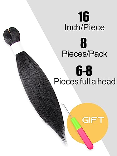 Black Pre-Stretched Braiding Hair 16 Inch - Natural Yaki Texture, 8 Packs, Model 1B