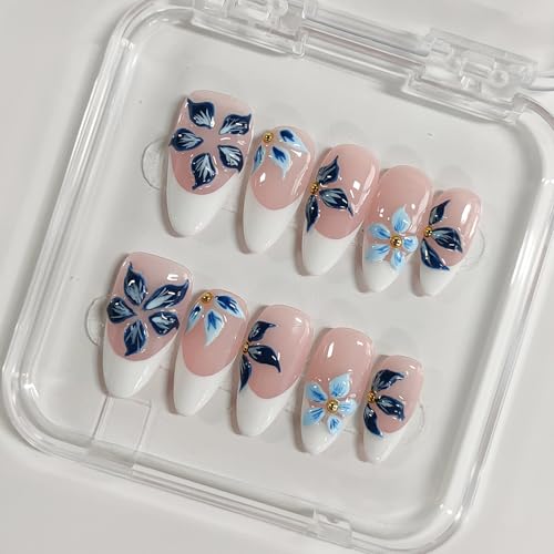 BRKYKGK Medium Almond Press on Nails with 3D Floral Design - Style18