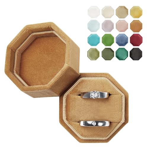 Octagonal Velvet Ring Box with 2 Slots - Bronze Travel Jewelry Case