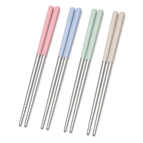 AQUP 304 Stainless Steel Chopsticks - 4 Pairs, Non-Slip, Multicolor
