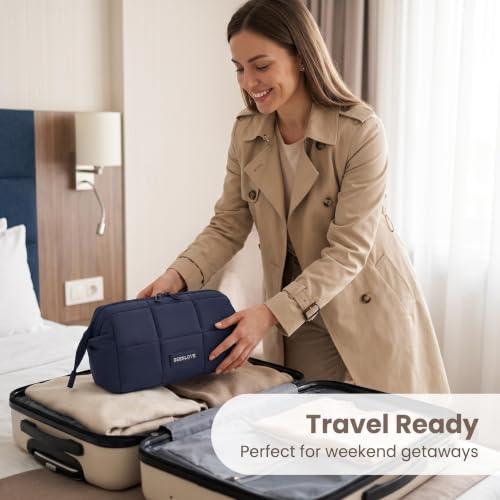 JekoLife Navy Blue Travel Makeup Bag - Wide Open Cosmetic Organizer for Women