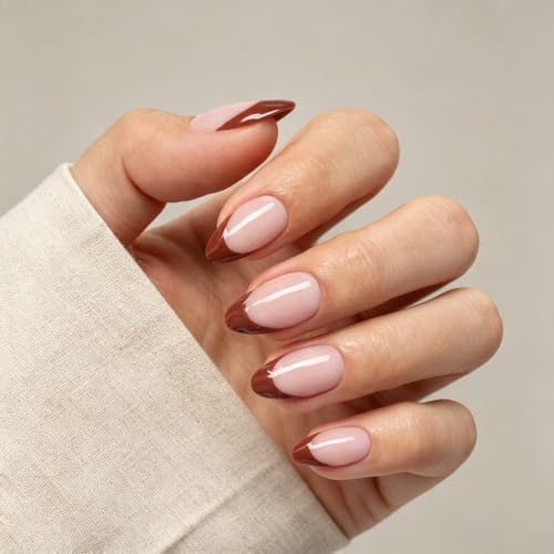 GJZEZ Short Almond Press On Nails - Soft Gel Fake Nails, Mocha Brown