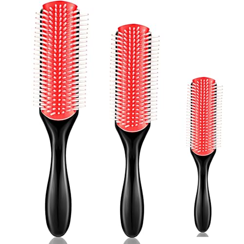 Patelai Nylon Cushion Hair Brush Set - 3 Sizes, Removable Teeth, Red & Black