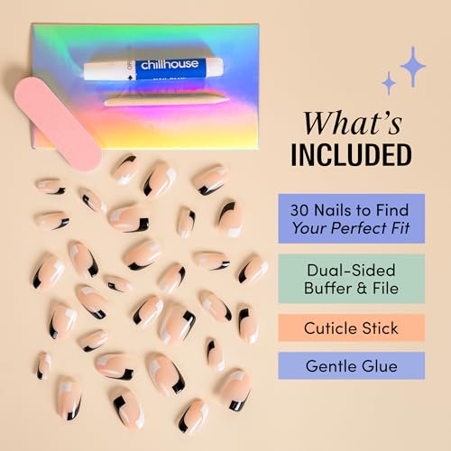 Chill Tips Press-On Nails Kit Black Tie Affair - Oval, Reusable, Up to 2 Weeks