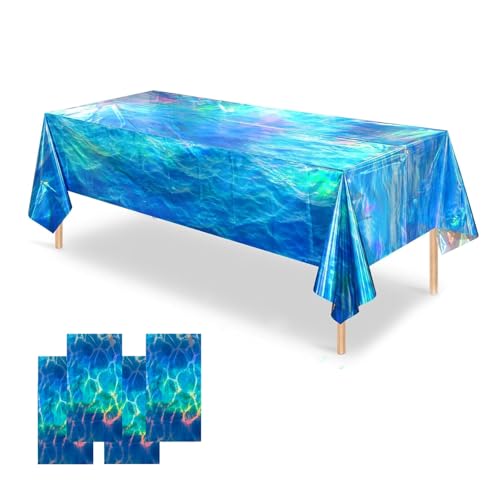 Ocean Wave Tablecloth - 108x54 Inches, 4 Pack Disposable, Blue