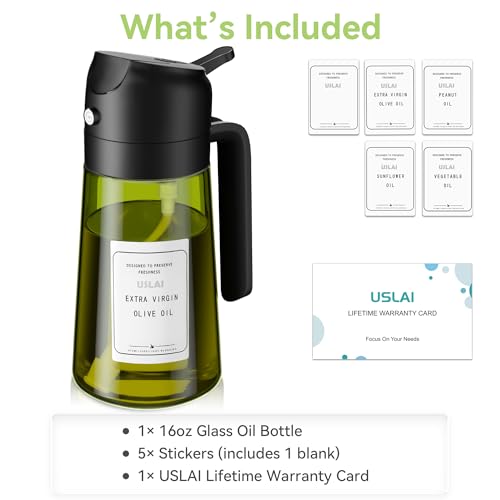 USLAI 16oz Glass Oil Sprayer Dispenser - Dual Spray for Cooking