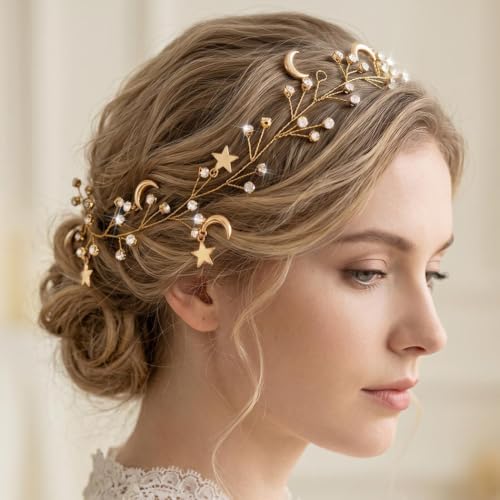 Gold Moon Headpiece Rhinestone Hair Vine for Brides