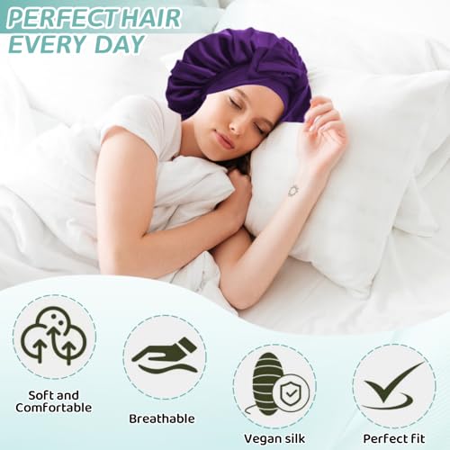 VECIIR Large Lavender Satin Sleep Bonnet for Women, Adjustable Hair Protector