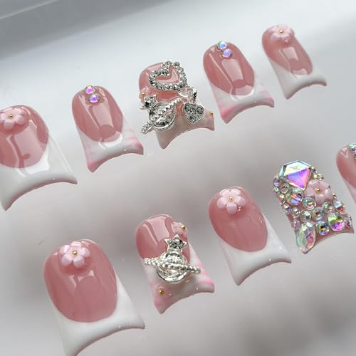 Luxury Medium Almond Press on Nails - French Tip with Flower & Rhinestones