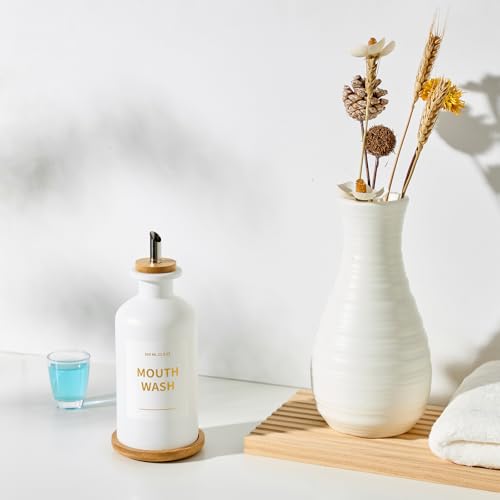 MUVEKA White Glass Mouthwash Dispenser Set - 11.8oz with Bamboo Tray