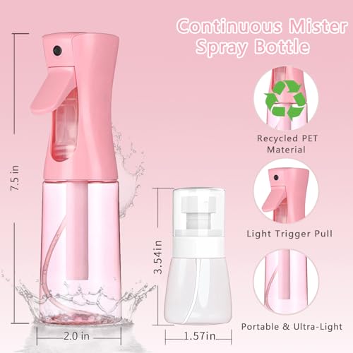 3 Pack Spray Bottles, 2-Pack Continuous Spray Bottles,Fine Water Mist Spray Bottles for Hair 6.8 OZ (200 ML) and 1oz 30ml Travel Spray Bottle Mister for Cleaning,Hairstyling,Plants,Barbers,Pink