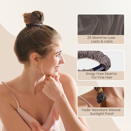THXSILK 100% Mulberry Silk Scrunchies, 3-Pack No-Damage Hair Ties - Charcoal