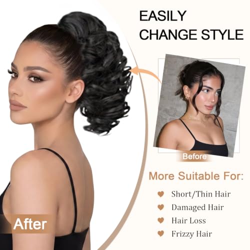 14” Black Wavy Curly Drawstring Ponytail Extension for Women