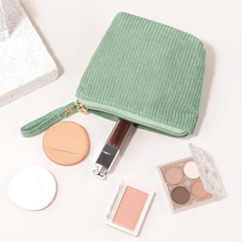 MAGEFY Mini Corduroy Makeup Bag for Women - Green Travel Pouch