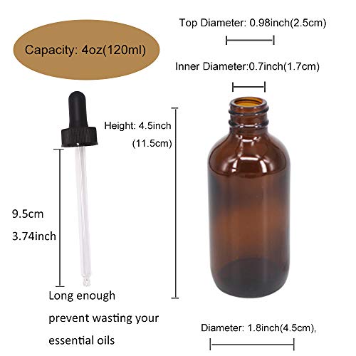 12 Pack 4oz Amber Glass Dropper Bottles - Refillable Boston Round for Oils