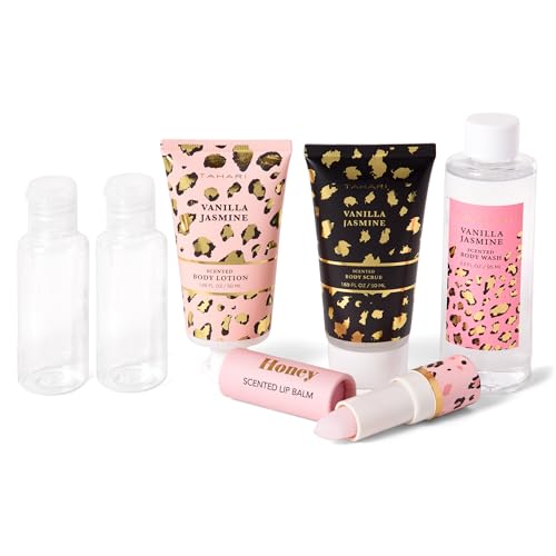Tahari Vanilla Jasmine Spa Gift Set for Women – Leopard | Body Lotion, Wash, Scrub & Lip Balm Travel Kit