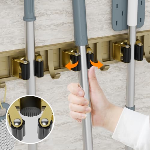 Reliahom Adjustable Broom Holder Wall Mount Storage Rack - 5 Racks & 4 Hooks