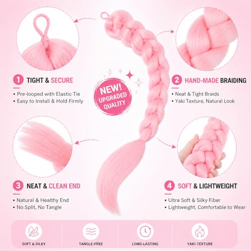 FancyCow 24-Inch Pink Braided Ponytail Extension for Kids & Cosplay