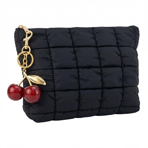 CECKQUE BK-CHy-R Black Puffer Quilted Makeup Bag with Wrist Strap, 10-Inch Travel Cosmetic Organizer