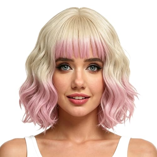 Rose Bud Blonde to Pink Wavy Bob Wig for Women - Short Curly Style with Bangs, 12 Inch, Variation 1-7