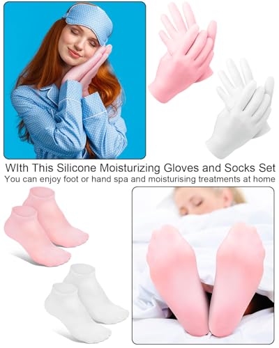 Pink Silicone Moisturizing Socks & Gloves Set for Foot & Hand Care, Reusable Spa Pedicure