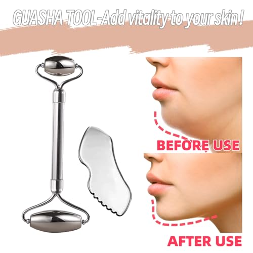 Tileu Stainless Steel Face Roller & Gua Sha Tool Set - Anti-Aging