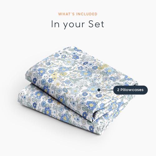 Floral Pillow Cases Set of 2 - Vintage Daisy Design, Light Blue, 20x26 Inches