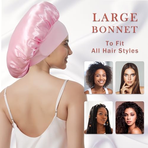 Large Satin Sleep Bonnets for Women - 2 Pack, Anti-Frizz Cap