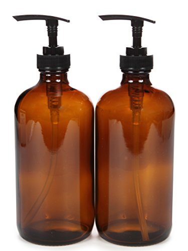 Vivaplex Large 16 oz Amber Glass Bottles with Black Lotion Pumps - 2
