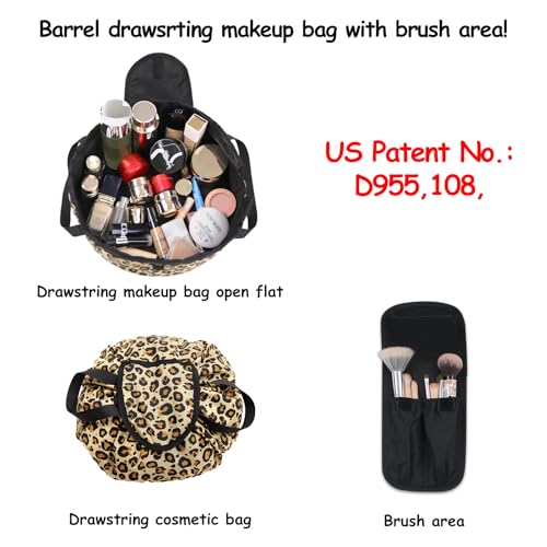 SUMBABO Leopard Drawstring Makeup Bag with Brush Holder, Travel Cosmetic Organizer