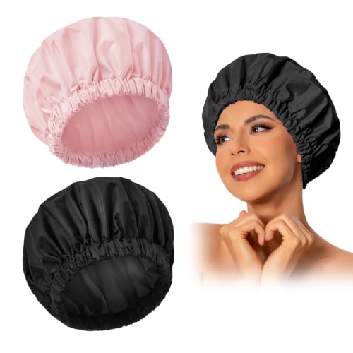 Edoneery Reusable Waterproof Shower Cap for Women Pink & Black